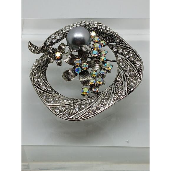 Gorgeous Vintage Estate Silver Grey Pearl Rhinestone Crystal AB Brooch - Picture 4 of 13